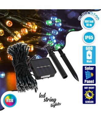 85809 Διακοσμητική Γιρλάντα 10 Μέτρων με Controller 8 Προγραμμάτων Φωτισμού - 100 LED 4W με Ενσωματωμένη Μπαταρία 600mAh - Φωτοβολταϊκό Πάνελ - Αισθητήρα Ημέρας-Νύχτας - Βάση Κήπου & Σκούρο Πράσινο Καλώδιο Αδιάβροχη IP65 Πολύχρωμη RGB Μ10m